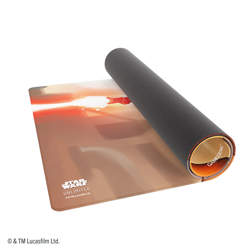Load image into Gallery viewer, Star Wars: Unlimited Game Mat - Cad Bane - view of partially rolled up game mat with Star Wars Unlimited branding in the corner.
