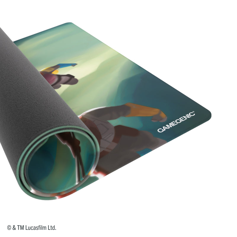 Load image into Gallery viewer, Star Wars: Unlimited Game Mat - Bo-Katan Kryze - view of partially rolled up game mat with Gamegenic branding in the corner. 
