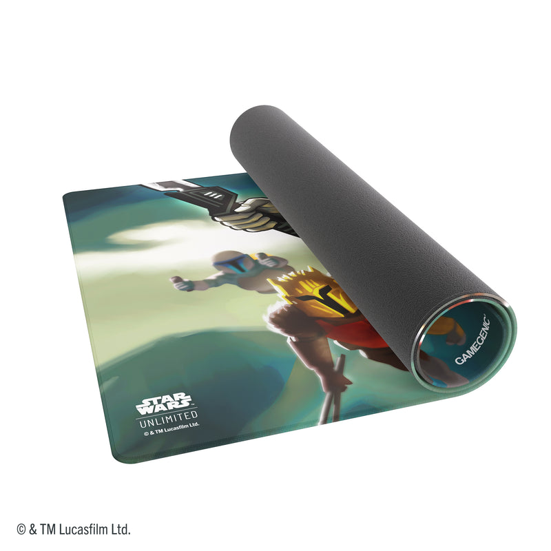 Load image into Gallery viewer, Star Wars: Unlimited Game Mat - Bo-Katan Kryze - view of partially rolled up game mat with Star Wars Unlimited branding in the corner. 
