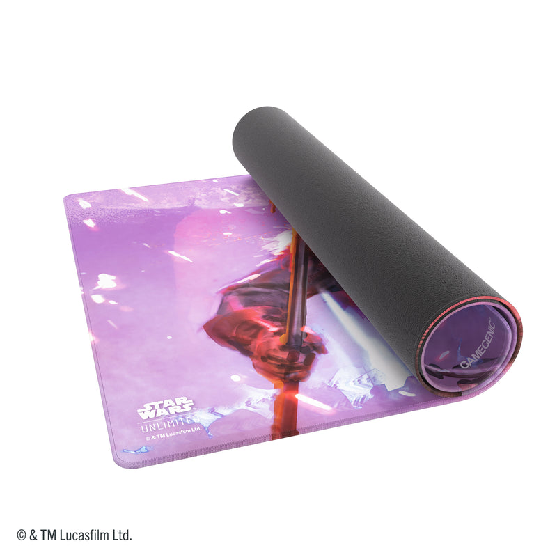 Load image into Gallery viewer, Star Wars: Unlimited Shiny Game Mat - The Armorer - view of partially rolled up game mat with Star Wars Unlimited Branding. 
