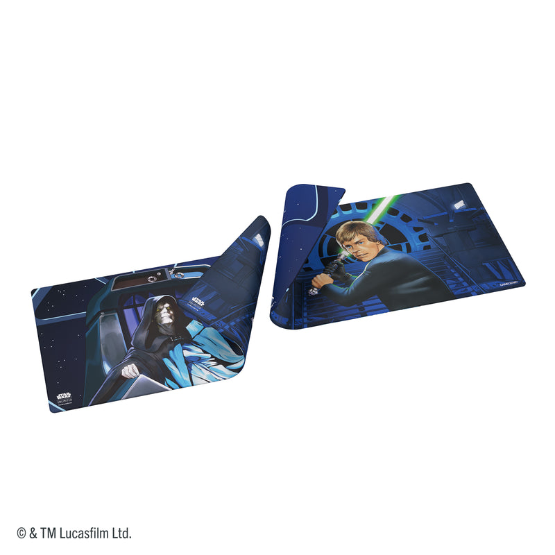 Load image into Gallery viewer, Star Wars: Unlimited Double-Sided Game Mat - Jedi Luke Skywalker &amp; Emperor Palpatine - view of both sides of game mat with art of Luke Skywalker and Emperor Palpatine. 
