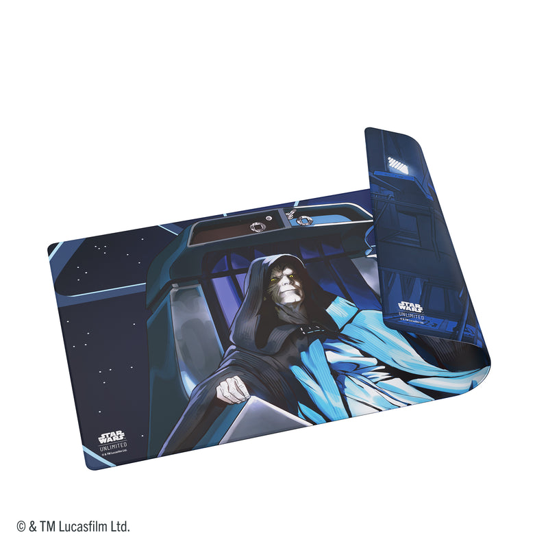 Load image into Gallery viewer, Star Wars: Unlimited Double-Sided Game Mat - Jedi Luke Skywalker &amp; Emperor Palpatine - view of one side of game mat featuring art of Emperor Palpatine. 
