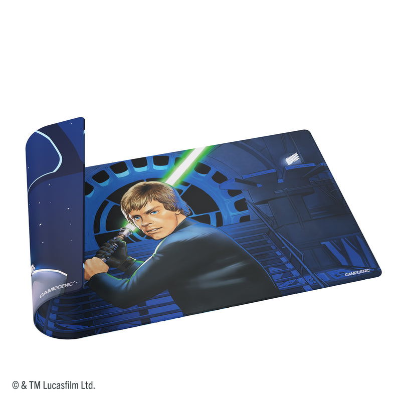 Load image into Gallery viewer, Star Wars: Unlimited Double-Sided Game Mat - Jedi Luke Skywalker &amp; Emperor Palpatine - view of one side of game mat featuring art of Luke Skywalker. 
