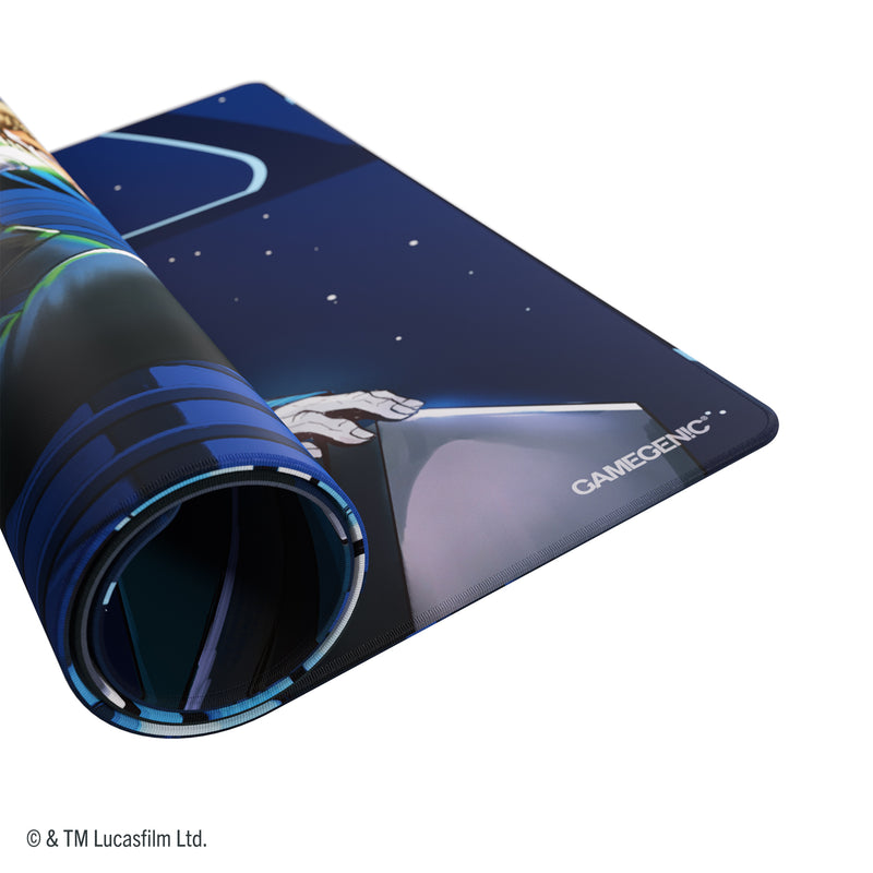 Load image into Gallery viewer, Star Wars: Unlimited Double-Sided Game Mat - Jedi Luke Skywalker &amp; Emperor Palpatine - view of corner of game mat showing Gamegenic branding. 
