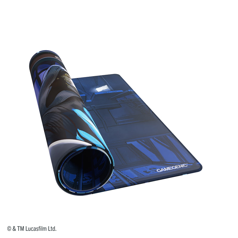 Load image into Gallery viewer, Star Wars: Unlimited Double-Sided Game Mat - Jedi Luke Skywalker &amp; Emperor Palpatine - view of partially rolled up game mat. 
