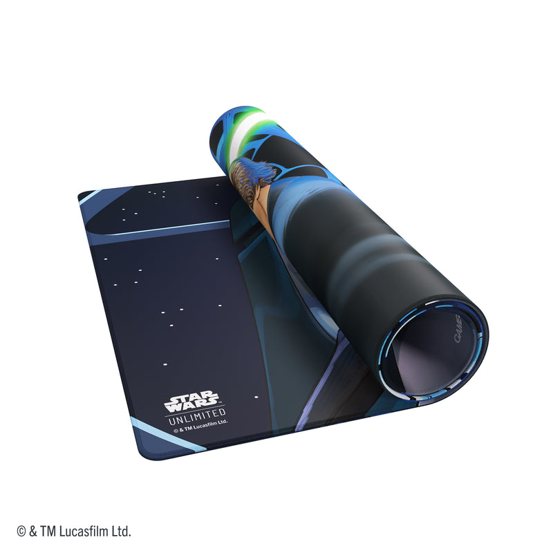 Load image into Gallery viewer, Star Wars: Unlimited Double-Sided Game Mat - Jedi Luke Skywalker &amp; Emperor Palpatine - view of partially rolled up game mat. 
