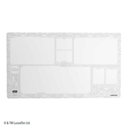 Star Wars: Unlimited Game Mat - Unlimited Pattern White - View of white game mat with circuits design and designated spots for base card, leader card, deck and discard pile. 