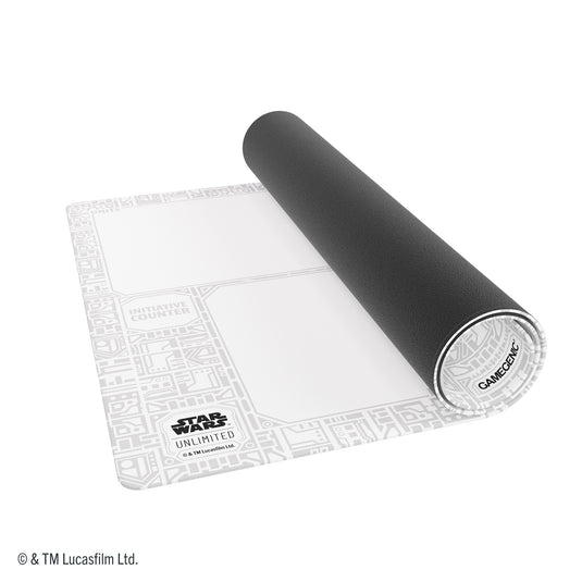 Star Wars: Unlimited Game Mat - Unlimited Pattern White - View of partially rolled up white game mat with Star Wars Unlimited branding in the corner. 