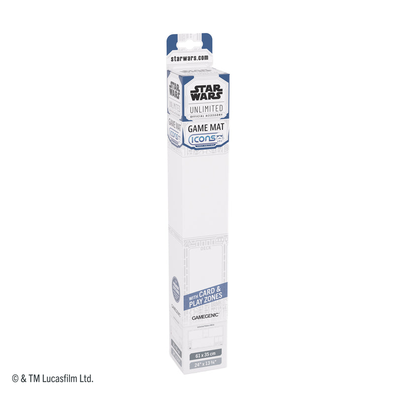 Load image into Gallery viewer, Star Wars: Unlimited Game Mat - Unlimited Pattern White - View of front of packaging with image of game mat on front of box. Lists game mat size as 61 x 35 cm. 
