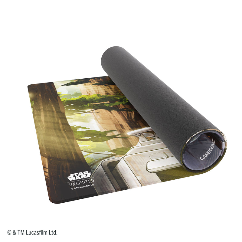 Load image into Gallery viewer, Star Wars: Unlimited Game Mat - Chewbacca - View of partially rolled up game mat with Star Wars Unlimited branding in the corner. 

