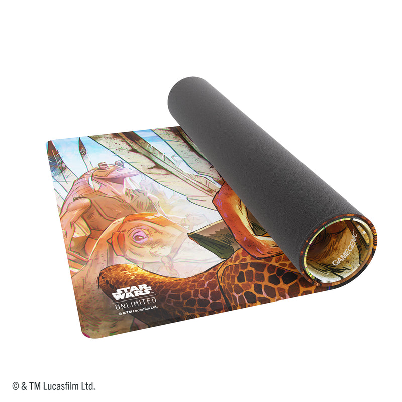 Load image into Gallery viewer, Star Wars: Unlimited Game Mat - Jar Jar Binks -  View of partially rolled up game mat with Star Wars Unlimited branding in the corner.
