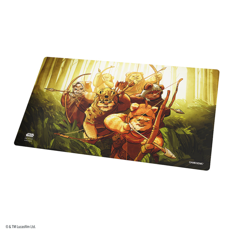 Load image into Gallery viewer, Star Wars: Unlimited Double-Sided Game Mat - Wicket &amp; Ewok Archers - Front of game mat with art of Ewok Archers.
