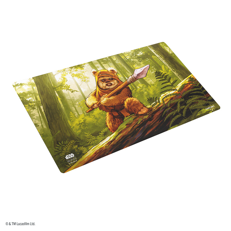 Load image into Gallery viewer, Star Wars: Unlimited Double-Sided Game Mat - Wicket &amp; Ewok Archers - Reverse side of game mat with art of Wicket. 
