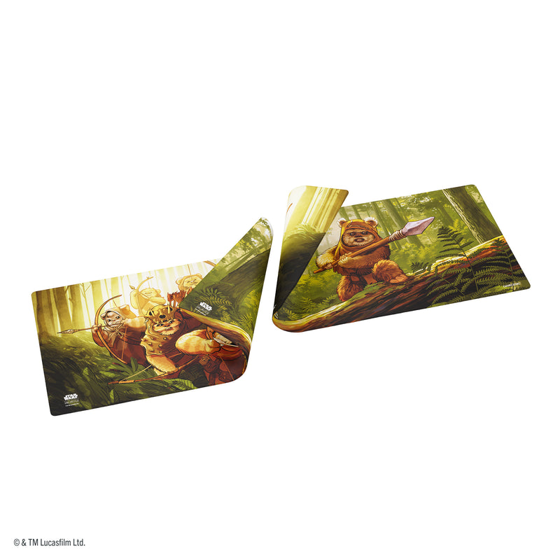 Load image into Gallery viewer, Star Wars: Unlimited Double-Sided Game Mat - Wicket &amp; Ewok Archers - View of both side of game mat featuring art of Ewok Archers and Wicket. 

