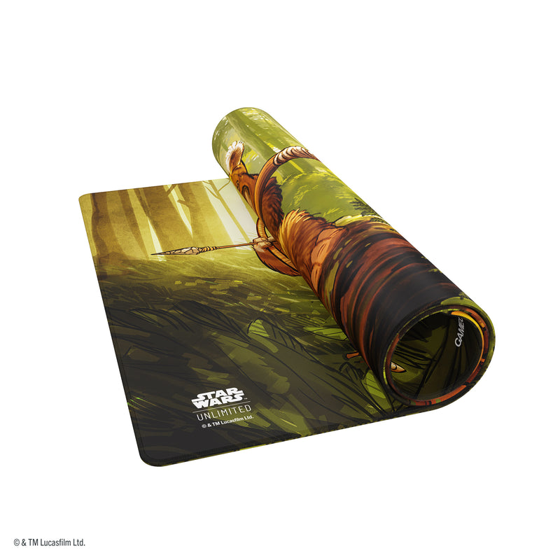 Load image into Gallery viewer, Star Wars: Unlimited Double-Sided Game Mat - Wicket &amp; Ewok Archers - View of partially rolled up game mat with Star Wars Unlimited branding in the corner. 
