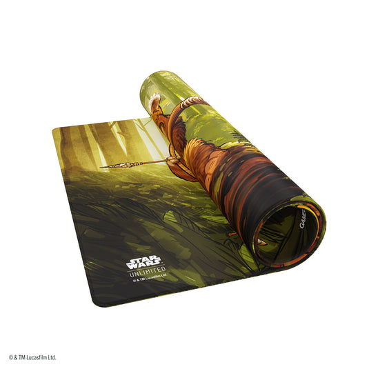 Star Wars: Unlimited Double-Sided Game Mat - Wicket & Ewok Archers - View of partially rolled up game mat with Star Wars Unlimited branding in the corner. 