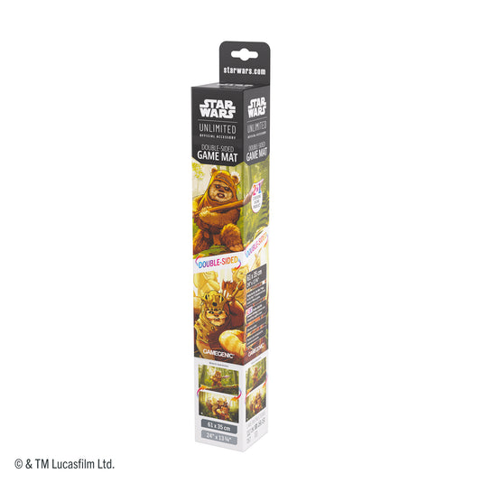 Star Wars: Unlimited Double-Sided Game Mat - Wicket & Ewok Archers - Front of packaging with art of Ewok Archers and Wicket. 