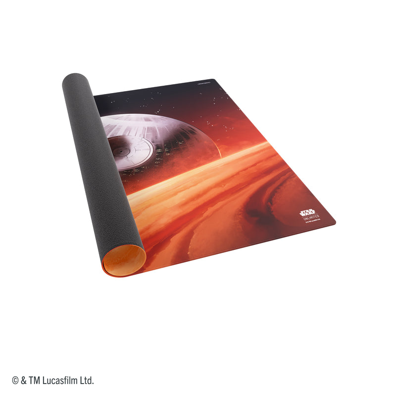 Load image into Gallery viewer, Star Wars: Unlimited Game Mat XL - The Death Star - View of partially rolled up game mat featuring art of the Death Star.
