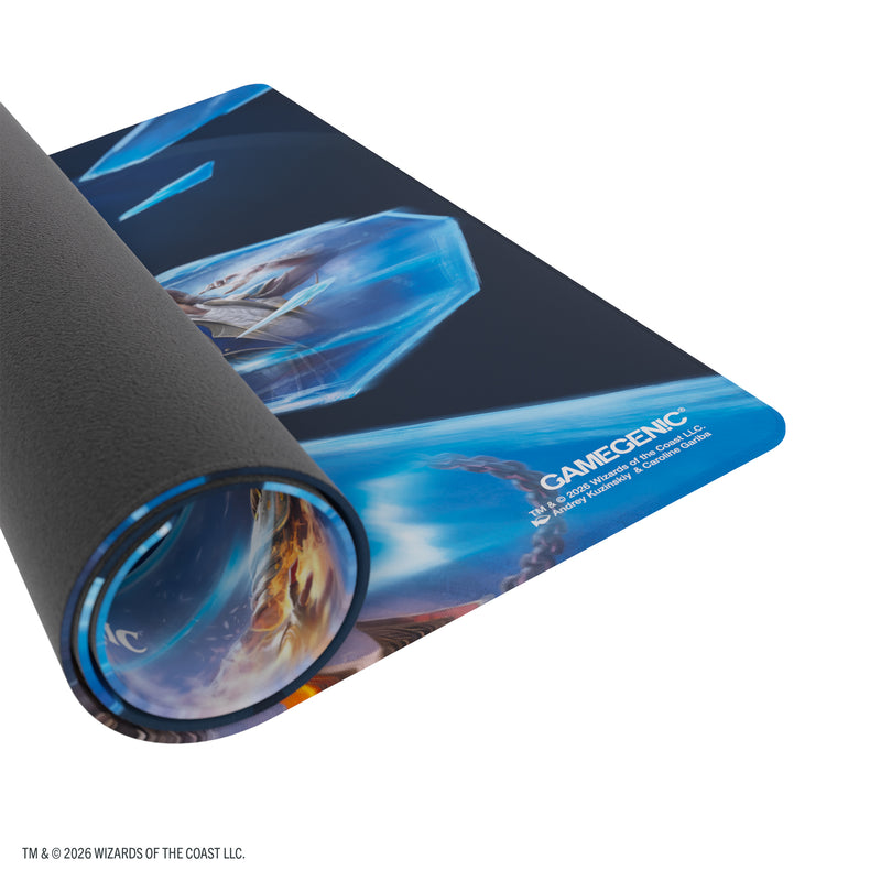 Load image into Gallery viewer, Magic: The Gathering | Reality Fracture Prime Playmat - Jace, Fracturer of Reality - View of partially rolled up playmat showing Gamegenic branding in the corner.
