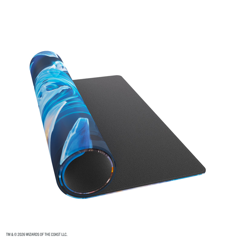 Load image into Gallery viewer, Magic: The Gathering | Reality Fracture Prime Playmat - Jace, Fracturer of Reality - View of partially rolled up playmat showing black underside of playmat.
