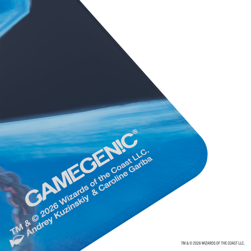 Load image into Gallery viewer, Magic: The Gathering | Reality Fracture Prime Playmat - Jace, Fracturer of Reality - Close up view of Gamegenic branding on playmat.
