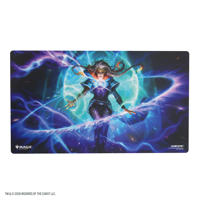 Load image into Gallery viewer, Magic: The Gathering | Reality Fracture Prime Playmat - Entrust the Spark - View of front of game mat featuring art of Magic the Gathering character and Gamegenic and Magic the Gathering branding in the corners.

