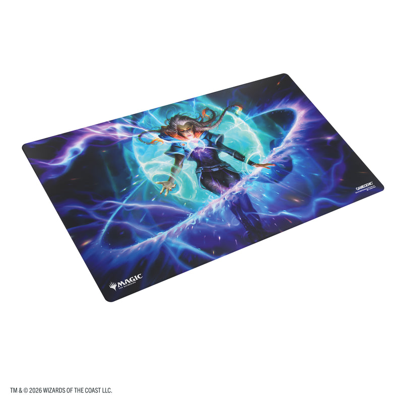 Load image into Gallery viewer, Magic: The Gathering | Reality Fracture Prime Playmat - Entrust the Spark - View of front of game mat featuring art of Magic the Gathering character and Gamegenic and Magic the Gathering branding in the corners.
