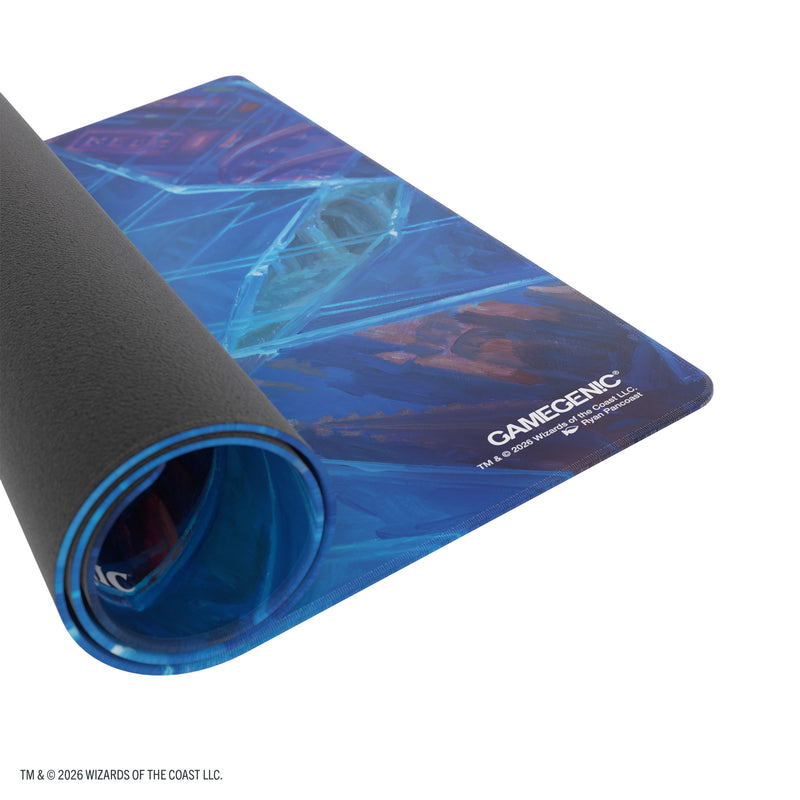 Load image into Gallery viewer, Magic: The Gathering | Reality Fracture Shiny Playmat - Overwrite the Multiverse - View of partially rolled up playmat with Gamegenic branding in the corner.
