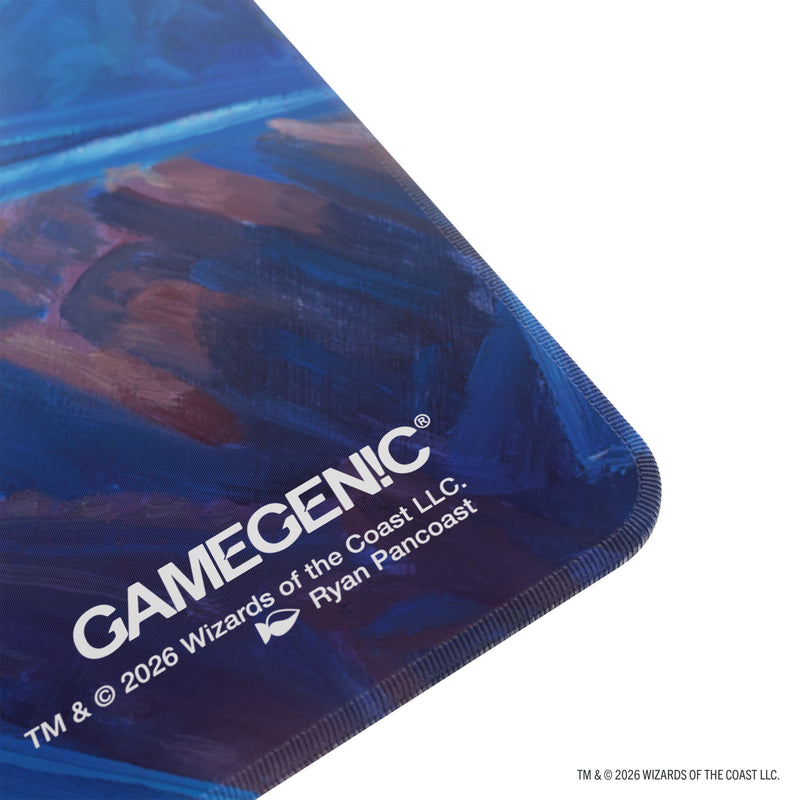 Load image into Gallery viewer, Magic: The Gathering | Reality Fracture Shiny Playmat - Overwrite the Multiverse - Close up view of Gamegenic branding in the corner of the playmat.
