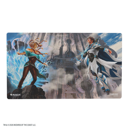 Magic: The Gathering | Reality Fracture Shiny Playmat - Tam Beleren, Conflicted/Jace, Building Reality - View of front of playmat featuring art of two Magic the Gathering characters with Gamegenic and Magic the Gathering branding in the corners.