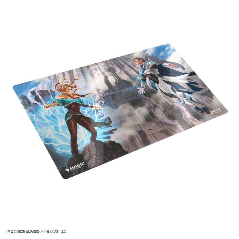 Load image into Gallery viewer, Magic: The Gathering | Reality Fracture Shiny Playmat - Tam Beleren, Conflicted/Jace, Building Reality - View of front of playmat featuring art of two Magic the Gathering characters with Gamegenic and Magic the Gathering branding in the corners.
