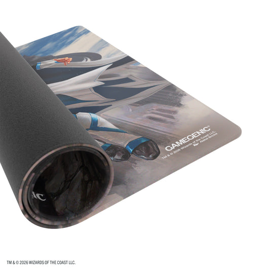 Magic: The Gathering | Reality Fracture Shiny Playmat - Tam Beleren, Conflicted/Jace, Building Reality - View of partially rolled up game mat showing Gamegenic branding in the corner.