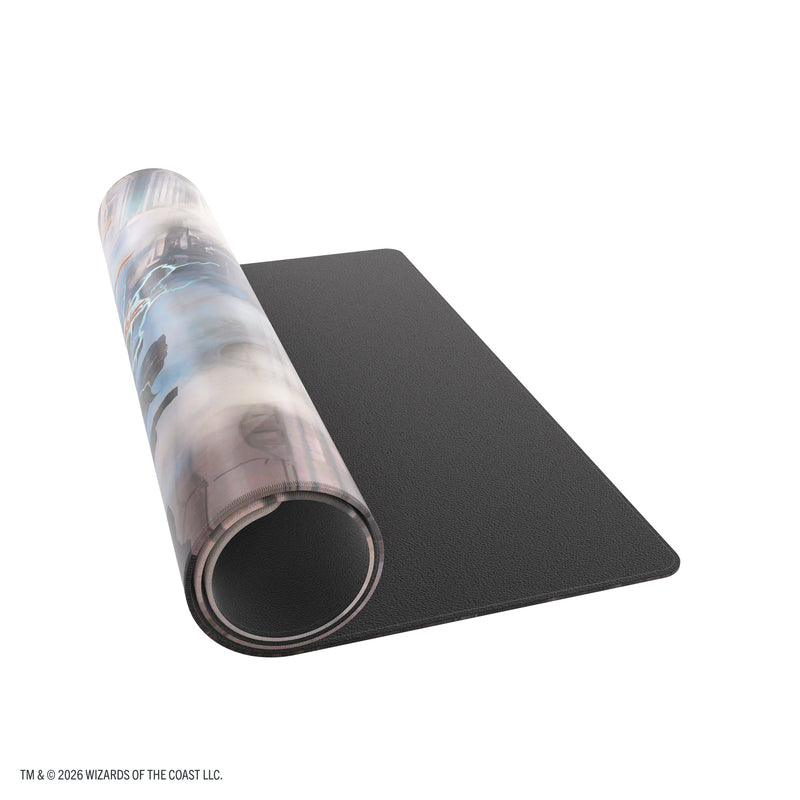 Load image into Gallery viewer, Magic: The Gathering | Reality Fracture Shiny Playmat - Tam Beleren, Conflicted/Jace, Building Reality - View of partially rolled up playmat showing black underside of playmat.
