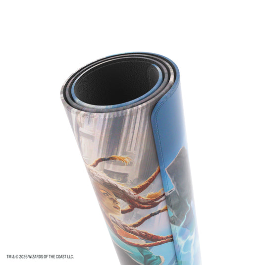 Magic: The Gathering | Reality Fracture Shiny Playmat - Tam Beleren, Conflicted/Jace, Building Reality - View of rolled up playmat.