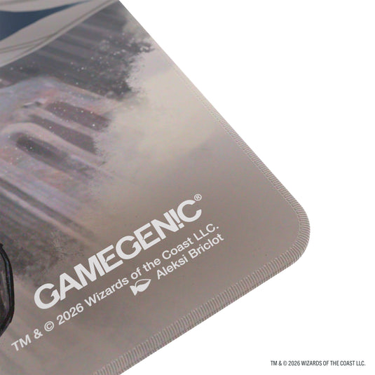 Magic: The Gathering | Reality Fracture Shiny Playmat - Tam Beleren, Conflicted/Jace, Building Reality - Close up view of Gamegenic branding in corner of playmat.
