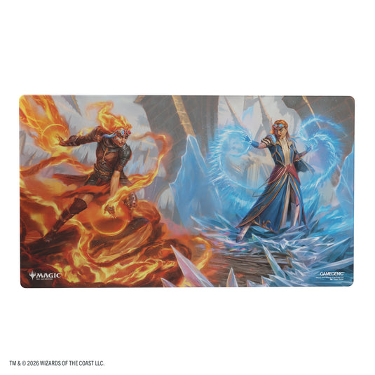 Magic: The Gathering | Reality Fracture Shiny Playmat - Chandra, Chill of Compliance - View of playmat featuring art of two Magic the Gathering characters casting fire and ice spells. 
