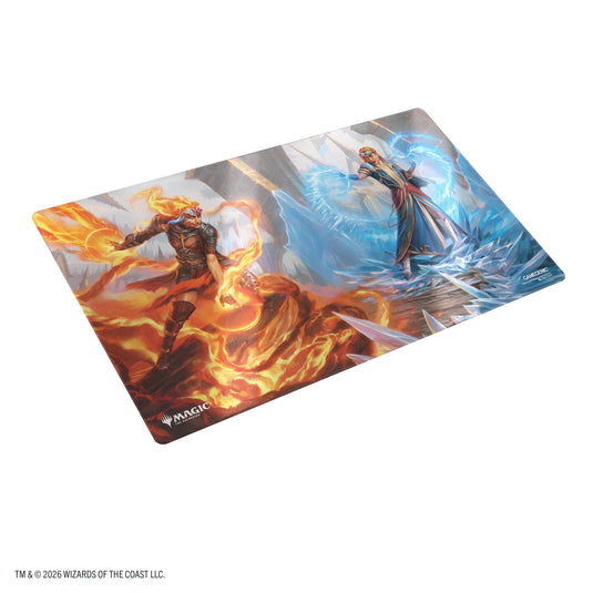 Magic: The Gathering | Reality Fracture Shiny Playmat - Chandra, Chill of Compliance - View of playmat featuring art of two Magic the Gathering characters casting fire and ice spells. 