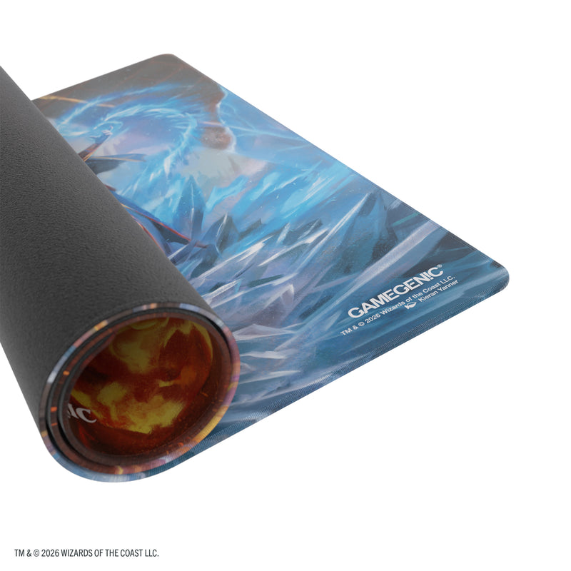 Load image into Gallery viewer, Magic: The Gathering | Reality Fracture Shiny Playmat - Chandra, Chill of Compliance - View of partially rolled up playmat with Gamegenic branding in the corner.
