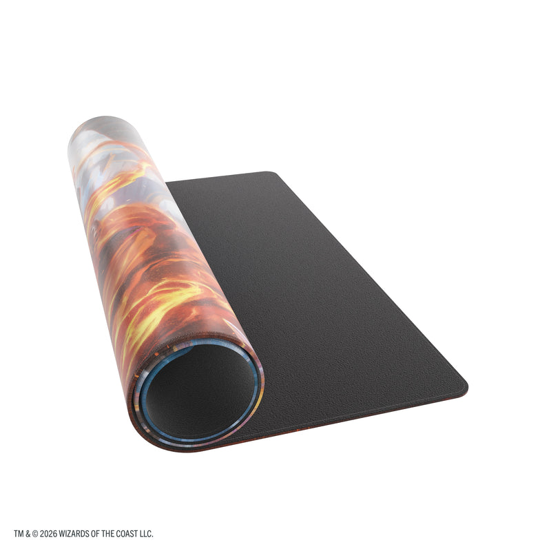 Load image into Gallery viewer, Magic: The Gathering | Reality Fracture Shiny Playmat - Chandra, Chill of Compliance - View of partially rolled up playmat showing underside of playmat.
