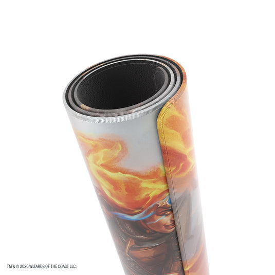 Magic: The Gathering | Reality Fracture Shiny Playmat - Chandra, Chill of Compliance - View of rolled up playmat.