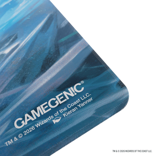 Magic: The Gathering | Reality Fracture Shiny Playmat - Chandra, Chill of Compliance - Close up view of Gamegenic branding in corner of playmat.