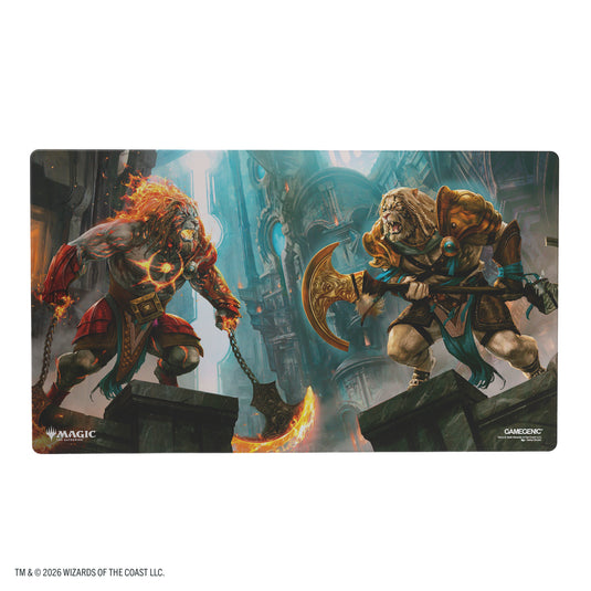 Magic: The Gathering | Reality Fracture Shiny Playmat - Ajani, Path of Vengeance/Ajani, Counterattack Leader - View of front of game mat featuring art of two Magic the Gathering characters.