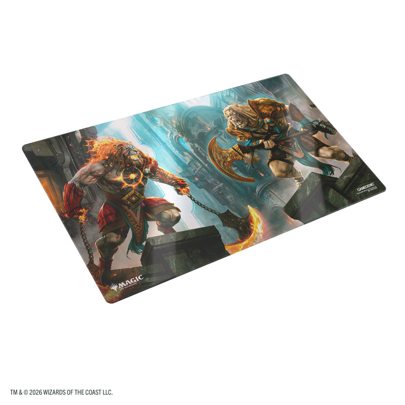 Load image into Gallery viewer, Magic: The Gathering | Reality Fracture Shiny Playmat - Ajani, Path of Vengeance/Ajani, Counterattack Leader - View of front of playmat featuring art of two Magic the Gathering characters.

