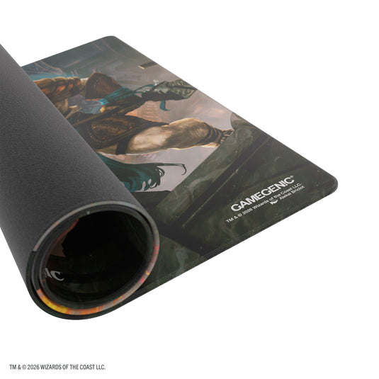 Magic: The Gathering | Reality Fracture Shiny Playmat - Ajani, Path of Vengeance/Ajani, Counterattack Leader - View of partially rolled up playmat showing Gamegenic branding in the corner.
