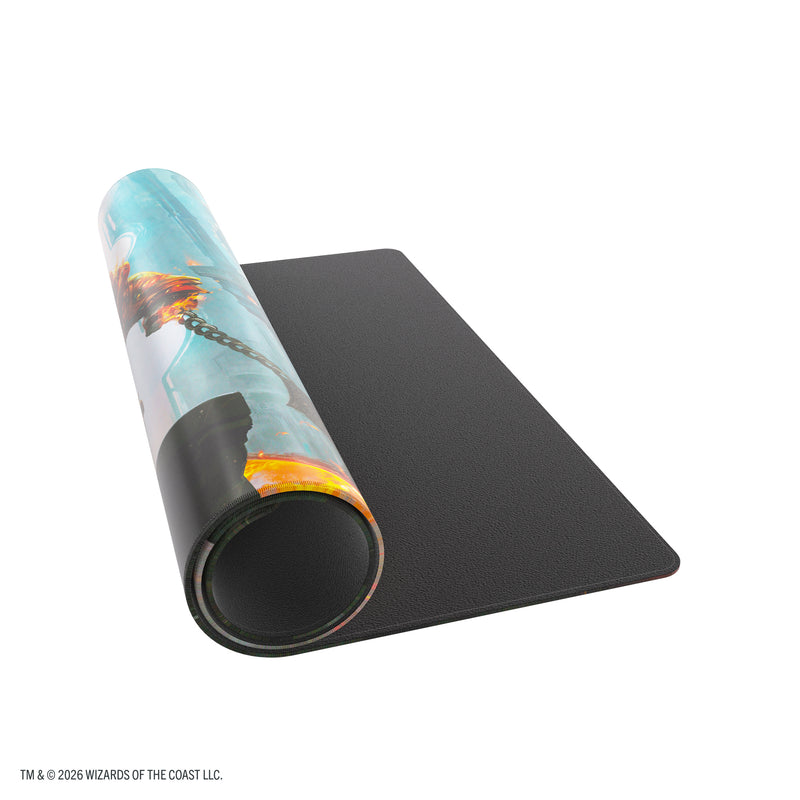 Load image into Gallery viewer, Magic: The Gathering | Reality Fracture Shiny Playmat - Ajani, Path of Vengeance/Ajani, Counterattack Leader - View of partially rolled up playmat showing underside of playmat.

