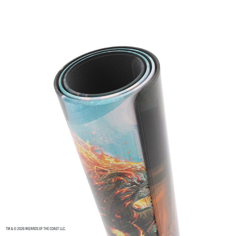 Load image into Gallery viewer, Magic: The Gathering | Reality Fracture Shiny Playmat - Ajani, Path of Vengeance/Ajani, Counterattack Leader - View of rolled up playmat and stitching around the edges of the playmat.
