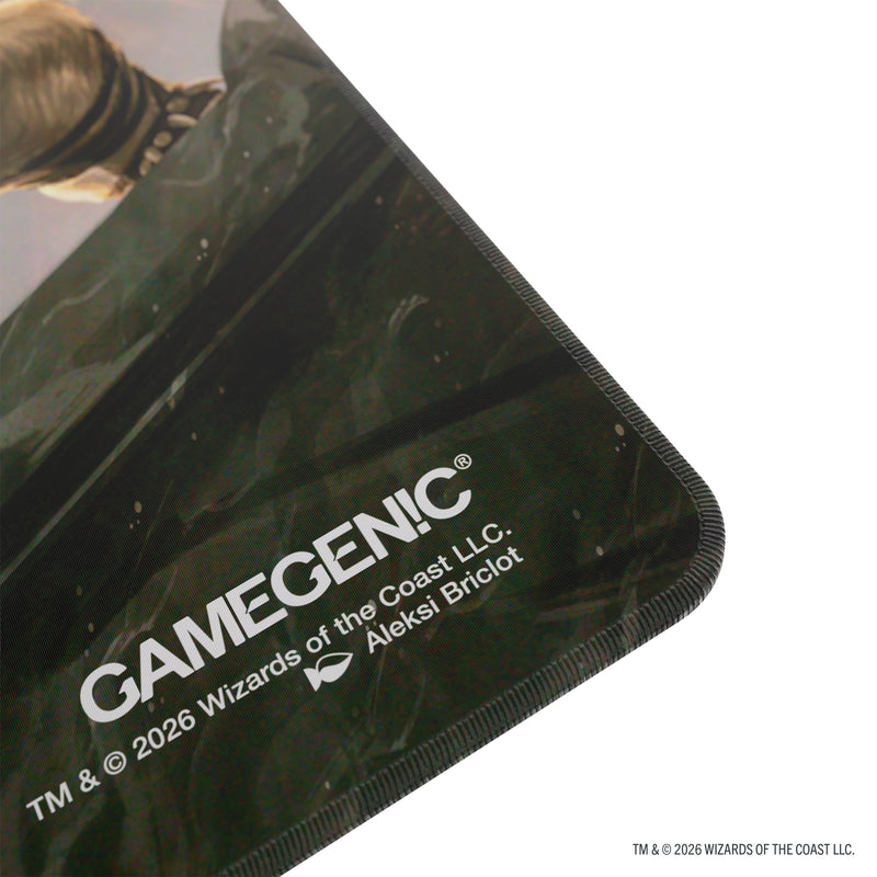 Load image into Gallery viewer, Magic: The Gathering | Reality Fracture Shiny Playmat - Ajani, Path of Vengeance/Ajani, Counterattack Leader - Close up view of Gamegenic branding in corner of playmat.
