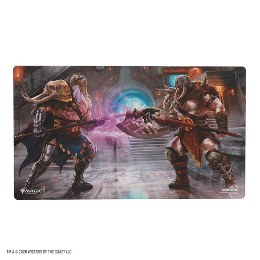 Magic: The Gathering | Reality Fracture Shiny Playmat - Garruk of the Veil/Garruk Uncursed - View of front of playmat featuring art of two Magic the Gathering characters.