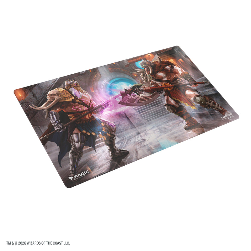 Load image into Gallery viewer, Magic: The Gathering | Reality Fracture Shiny Playmat - Garruk of the Veil/Garruk Uncursed - View of front of playmat featuring art of two Magic the Gathering characters facing each other.

