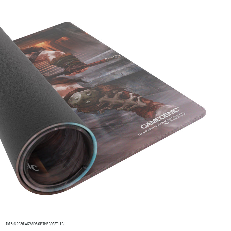 Load image into Gallery viewer, Magic: The Gathering | Reality Fracture Shiny Playmat - Garruk of the Veil/Garruk Uncursed - View of partially rolled up playmat showing Gamegenic branding in corner.
